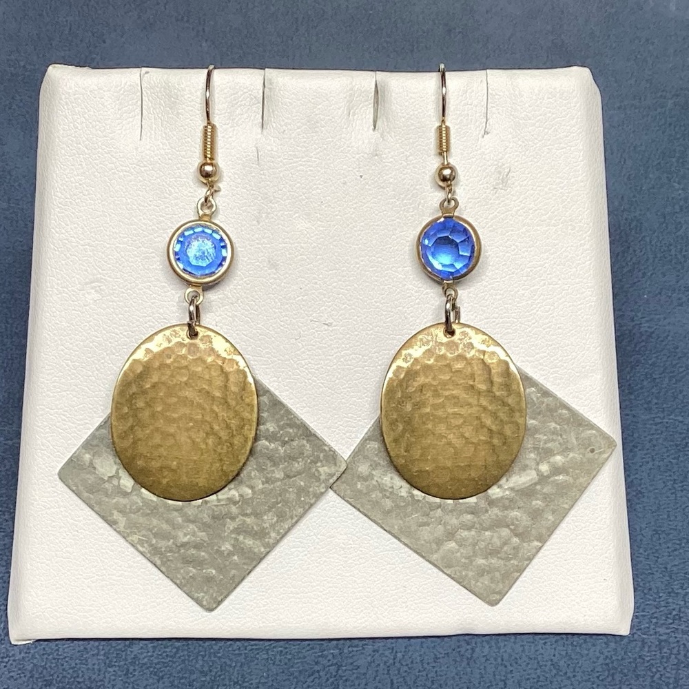 Vintage 80’s Geometric Hammered Metal Dangle Earrings w/faux Blue Topaz Stones